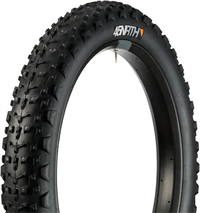 45NRTH Dillinger 4 Tire – 26 x 4 Tubeless Folding BLK 120 TPI 240 Concave Carbide Aluminum Studs