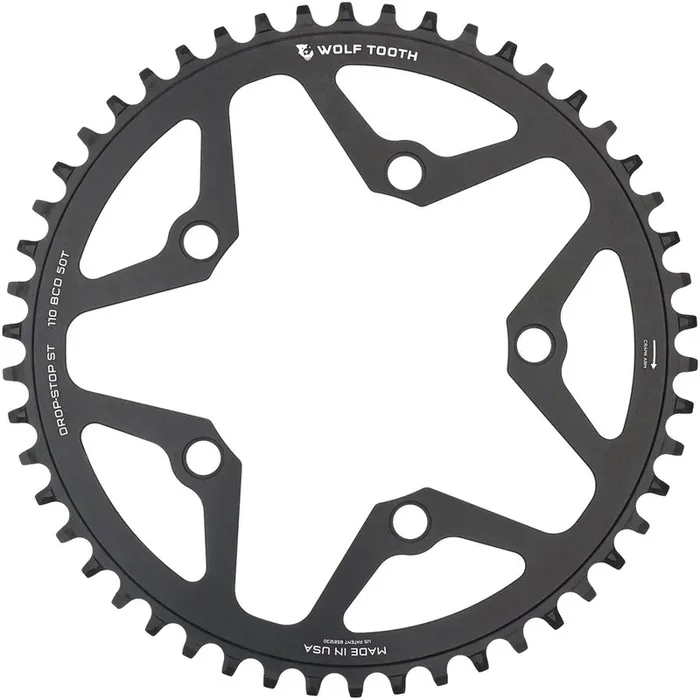 Wolf Tooth 110 BCD Gravel CX Road Chainring – 50t 110 BCD 5-Bolt Drop-Stop ST For Shimano HG+ KMC 12-Speed Chains BLK