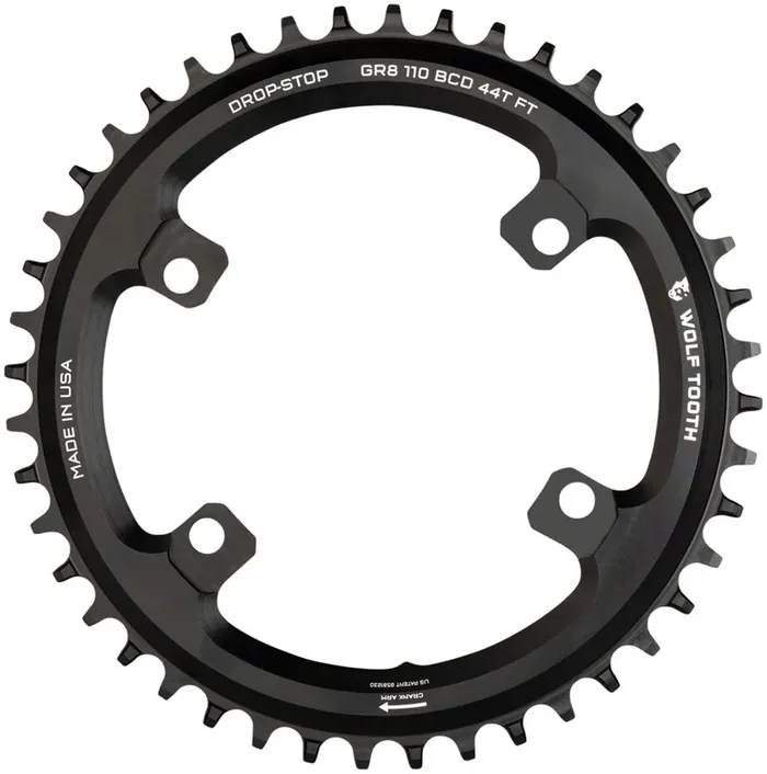 Wolf Tooth Shimano 110 Asymmetric BCD Chainring – 46t 110 Asymmetric BCD 4-Bolt Drop-Stop Flattop For Shimano GRX Cranks BLK