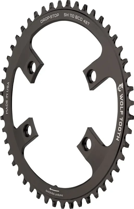 Wolf Tooth Shimano 110 Asymmetric BCD Chainring – 48t 110 Asymmetric BCD 4-Bolt Drop-Stop For Shimano Cranks BLK